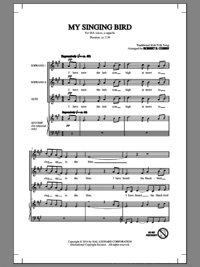My Singing Bird sheet music for choir (SSA: soprano, alto) by Robert S. Cohen, intermediate skill level