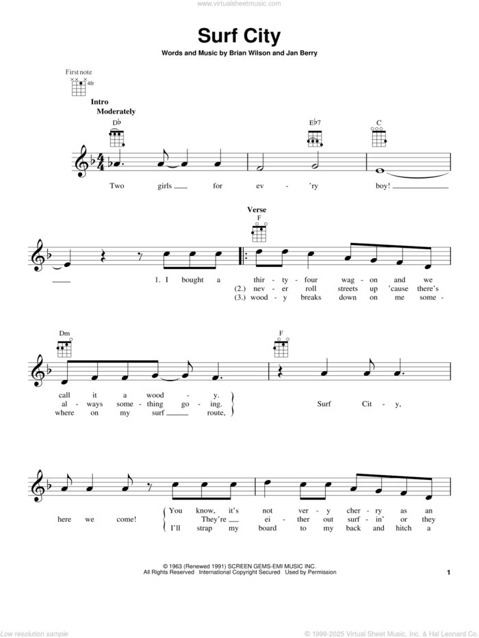 Surf City sheet music for ukulele by Jan & Dean, intermediate skill level