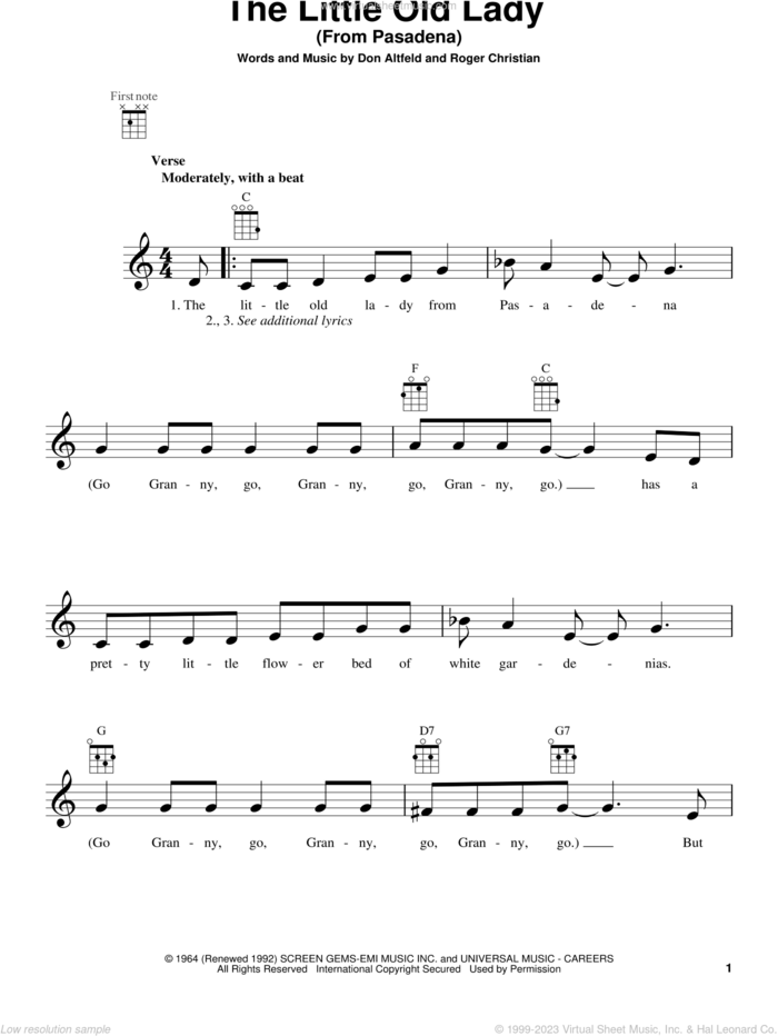 The Little Old Lady (From Pasadena) sheet music for ukulele by Jan & Dean, intermediate skill level