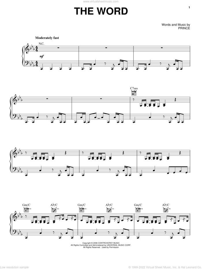 The Word sheet music for voice, piano or guitar by Prince, intermediate skill level
