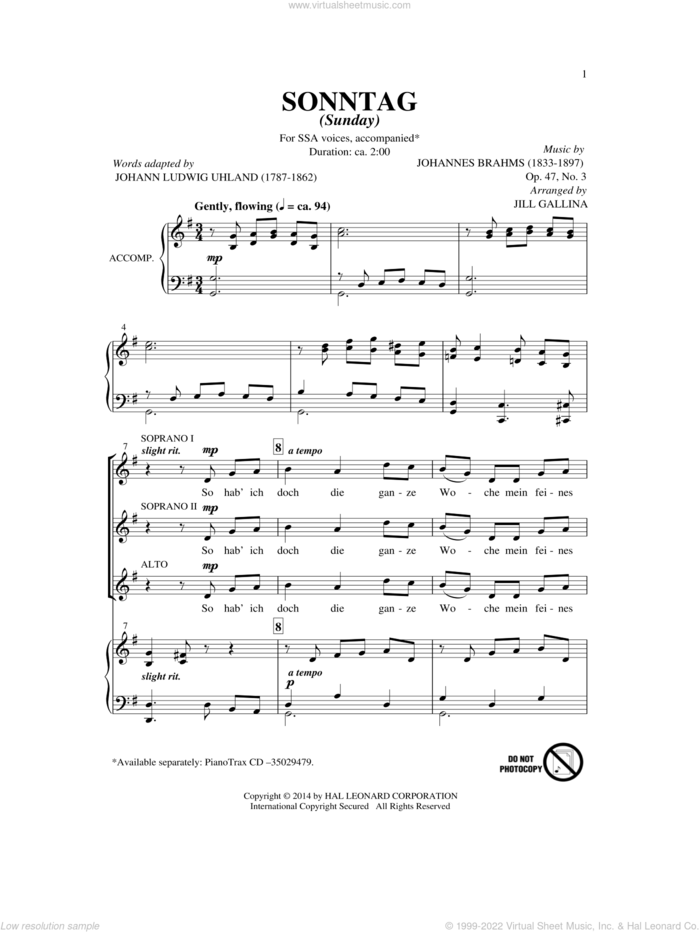 Sonntag sheet music for choir (SSA: soprano, alto) by Johannes Brahms and Jill Gallina, classical score, intermediate skill level