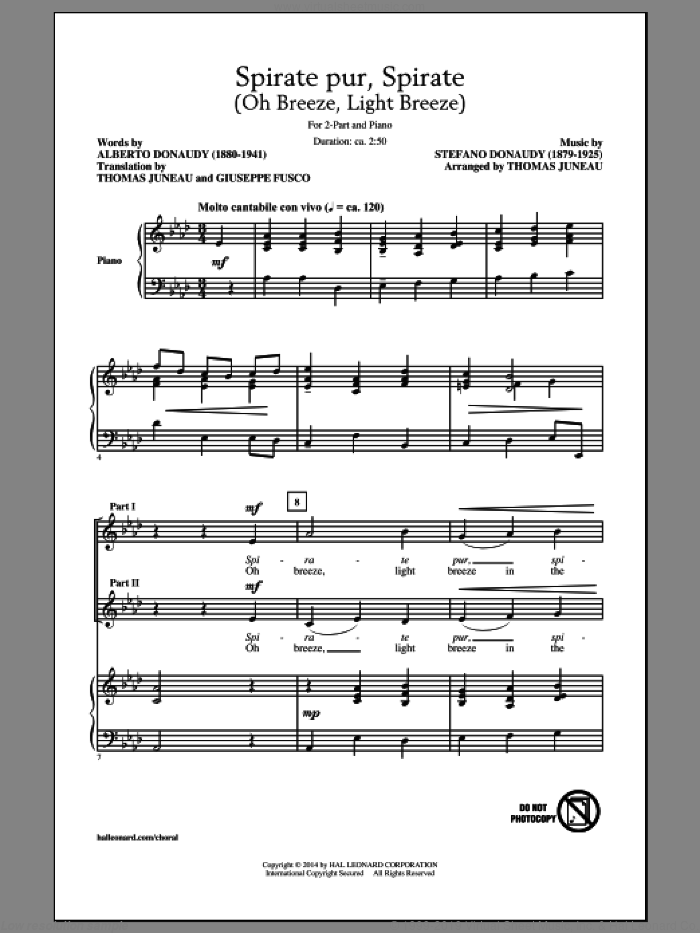 Spirate Pur, Spirate (Oh Breeze, Light Breeze) sheet music for choir (2-Part) by Thomas Juneau, intermediate duet