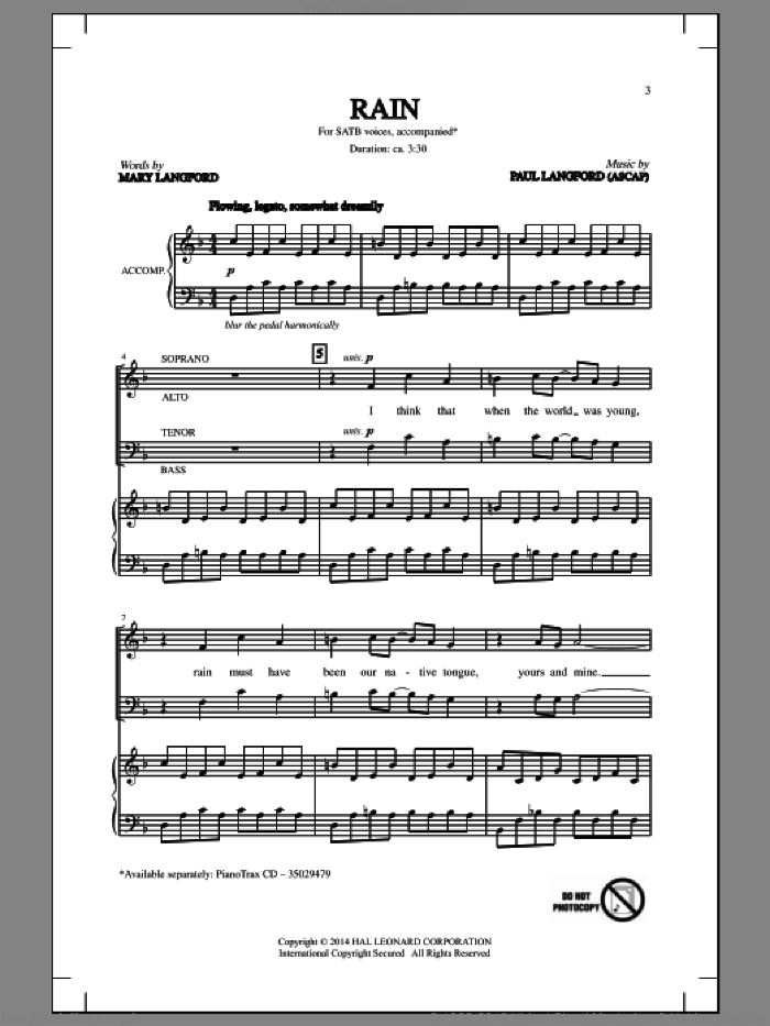 Rain sheet music for choir (SATB: soprano, alto, tenor, bass) by Paul Langford, intermediate skill level