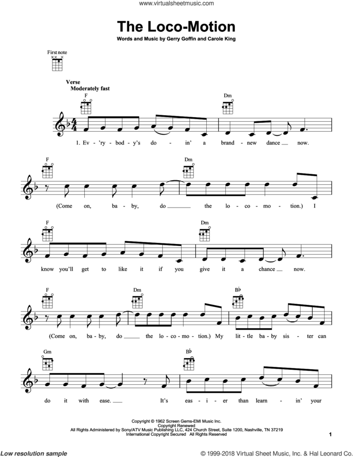 The Loco-Motion sheet music for ukulele by Little Eva and Carole King, intermediate skill level