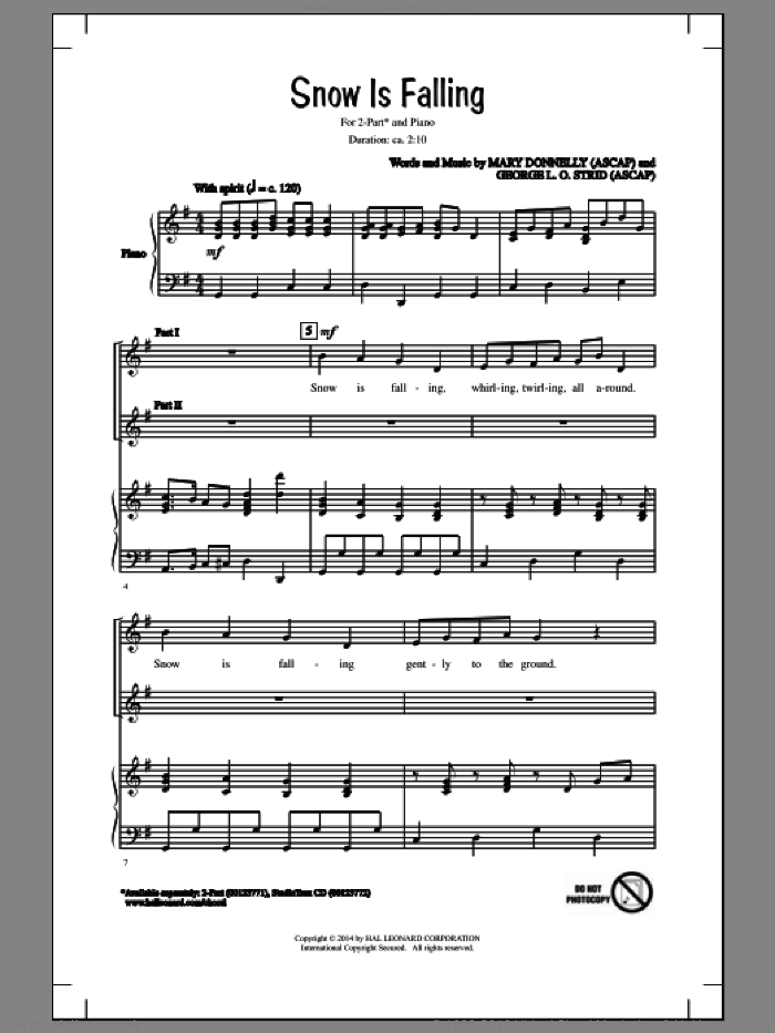 Snow Is Falling sheet music for choir (2-Part) by Mary Donnelly and George L.O. Strid, intermediate duet