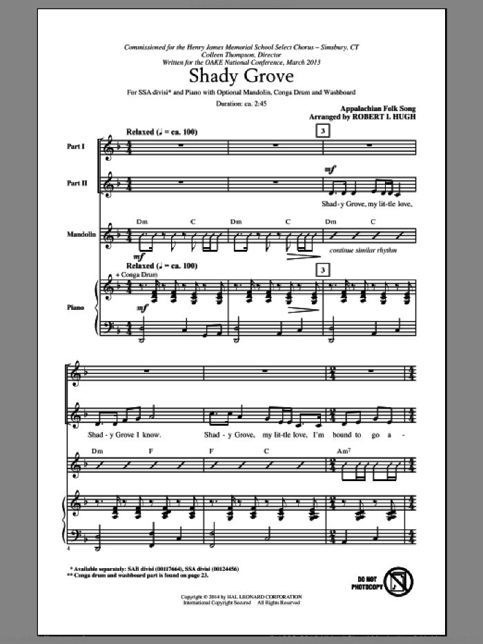 Shady Grove sheet music for choir (SSA: soprano, alto) by Robert Hugh, intermediate skill level