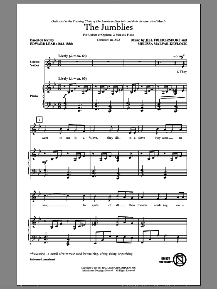 The Jumblies sheet music for choir (Unison) by Melissa Malvar-Keylock and Jill Friedersdorf and Melissa Malvar-Keylock, intermediate skill level