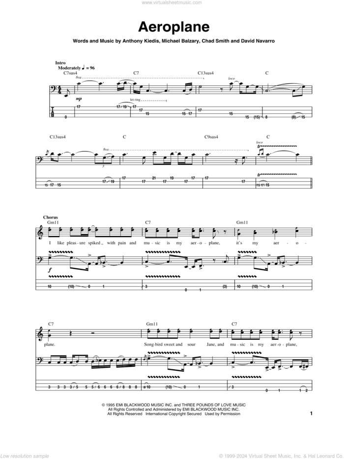 Aeroplane sheet music for bass (tablature) (bass guitar) by Red Hot Chili Peppers, intermediate skill level