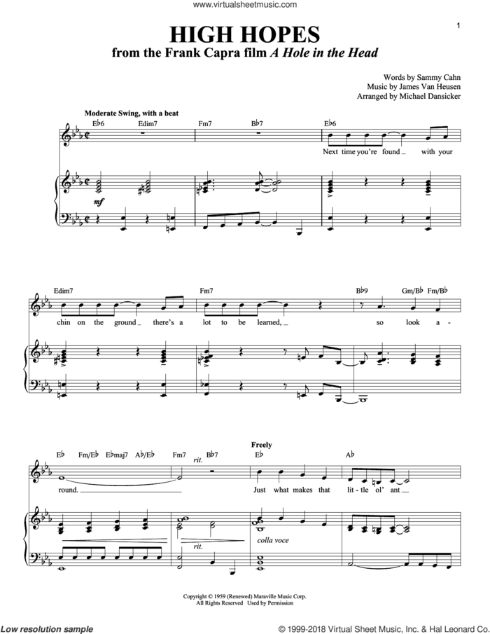 High Hopes sheet music for voice and piano (Low Voice) by Sammy Cahn, Jimmy van Heusen and Michael Dansicker, intermediate skill level