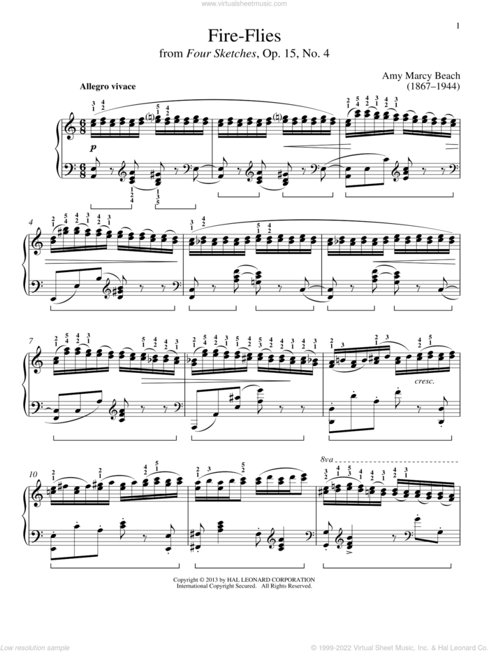 Fire-Flies sheet music for piano solo by Amy Beach and Gail Smith, classical score, intermediate skill level