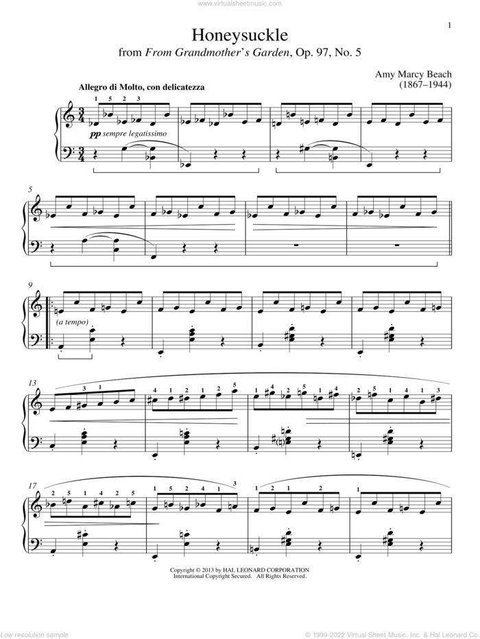Honeysuckle sheet music for piano solo by Amy Beach and Gail Smith, classical score, intermediate skill level