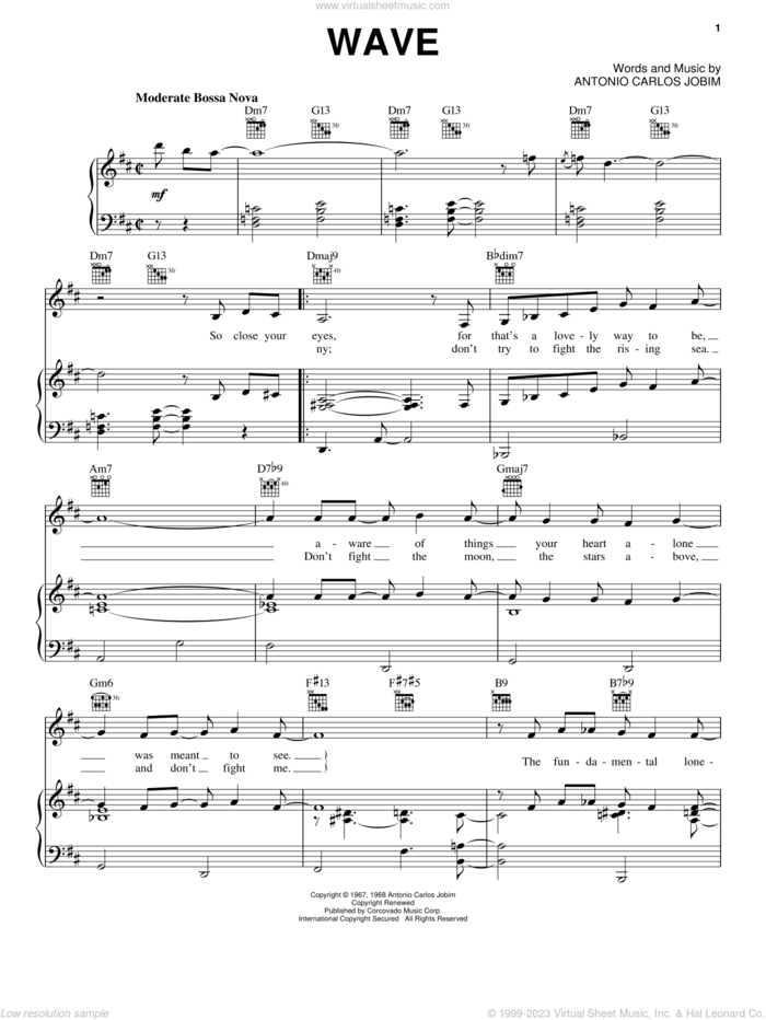 Wave sheet music for voice, piano or guitar by Frank Sinatra and Antonio Carlos Jobim, intermediate skill level
