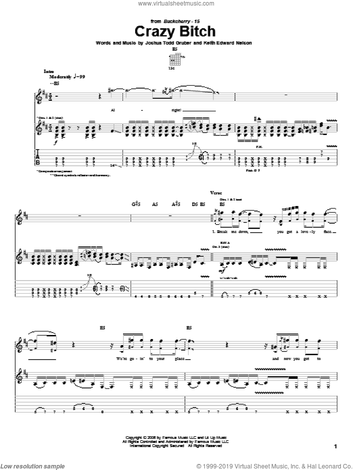 Crazy Bitch sheet music for guitar (tablature) by Buckcherry, Joshua Todd Gruber and Keith Edward Nelson, intermediate skill level
