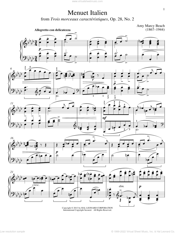 Menuet Italien sheet music for piano solo by Amy Beach and Gail Smith, classical score, intermediate skill level