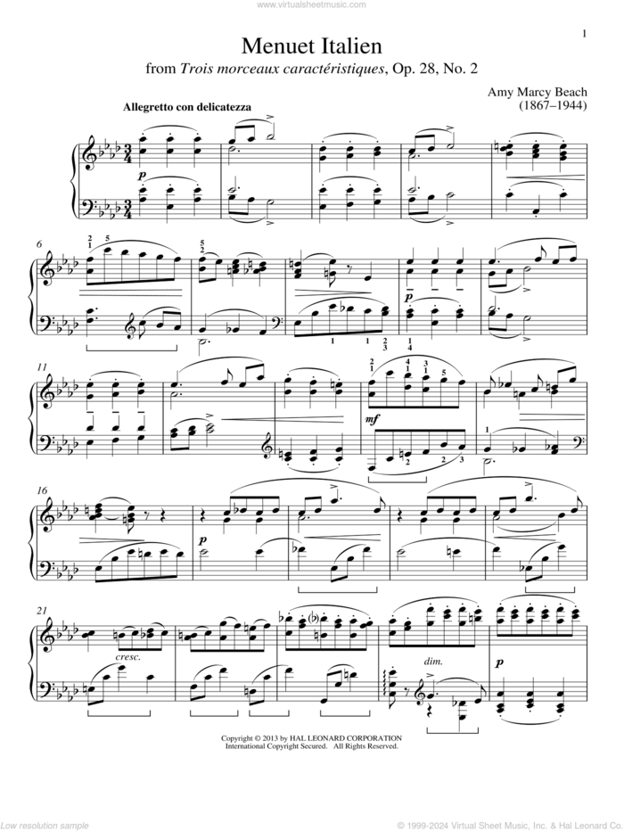 Menuet Italien sheet music for piano solo by Amy Beach and Gail Smith, classical score, intermediate skill level