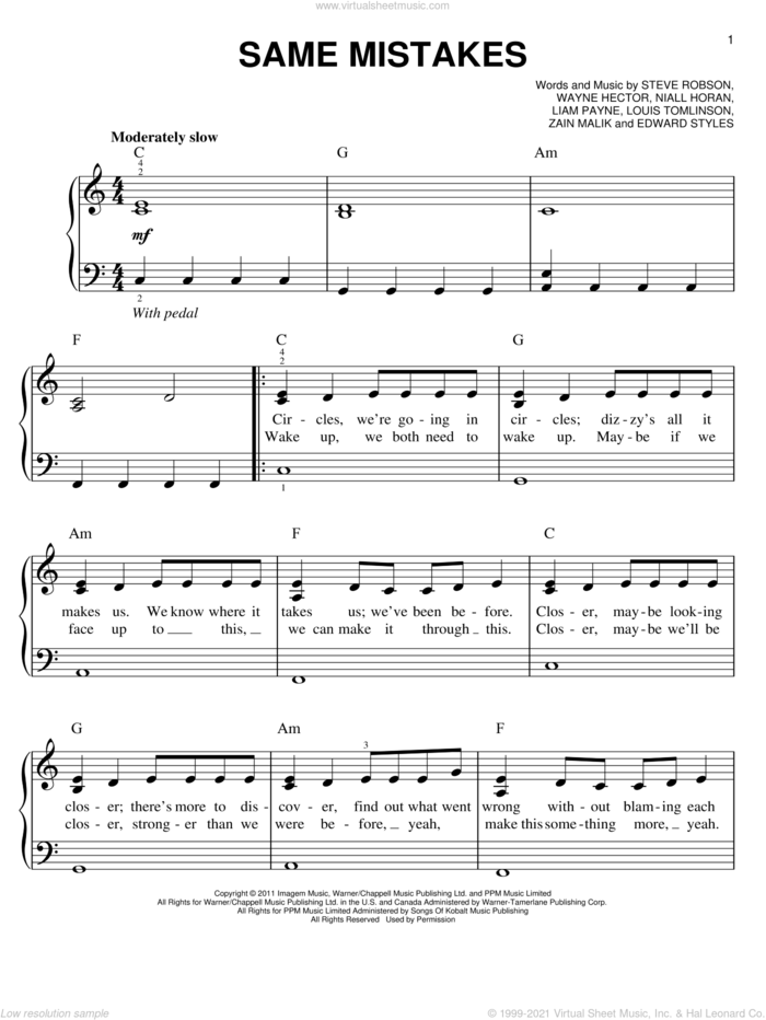 Same Mistakes sheet music for piano solo by One Direction, easy skill level