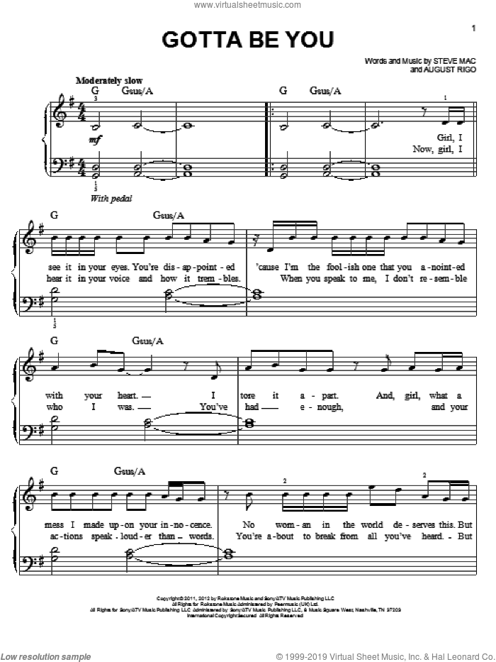 Gotta Be You sheet music for piano solo by One Direction, easy skill level