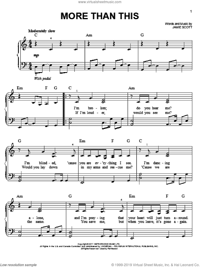 More Than This sheet music for piano solo by One Direction, easy skill level