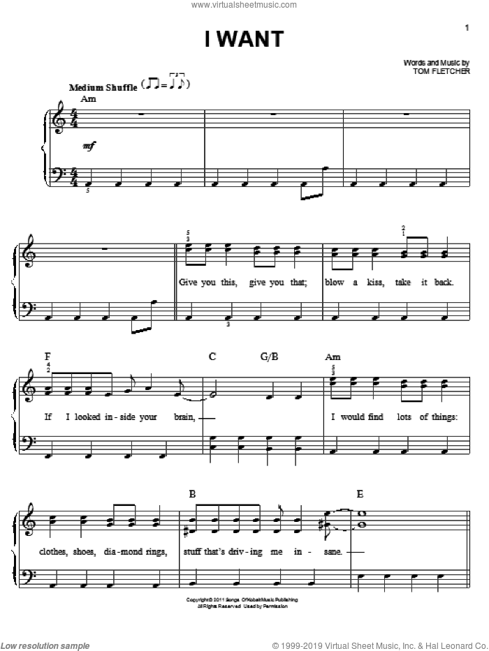 I Want sheet music for piano solo by One Direction, easy skill level