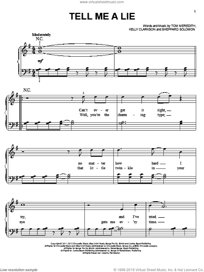 Tell Me A Lie sheet music for piano solo by One Direction, easy skill level