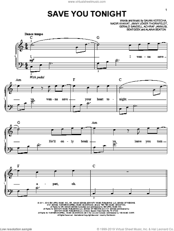 Save You Tonight sheet music for piano solo by One Direction, easy skill level