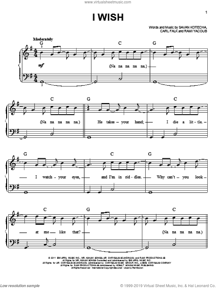 I Wish sheet music for piano solo by One Direction, easy skill level