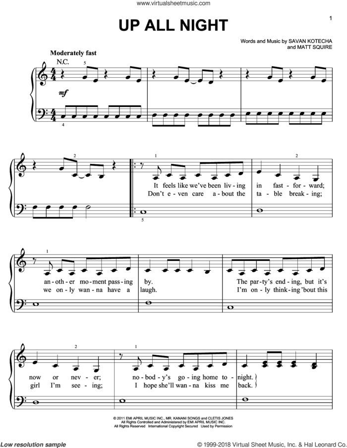 Up All Night sheet music for piano solo by One Direction, easy skill level