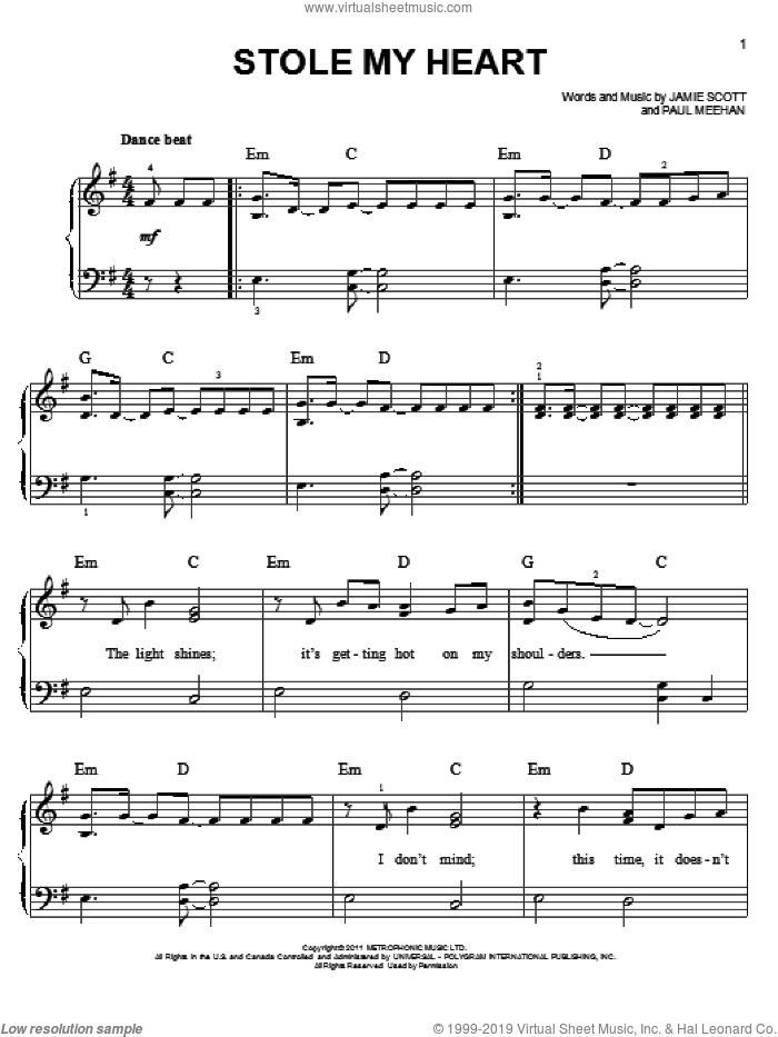 Stole My Heart sheet music for piano solo by One Direction, easy skill level