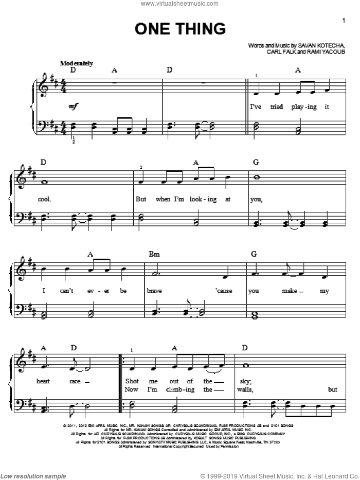 One Thing sheet music for piano solo by One Direction, easy skill level