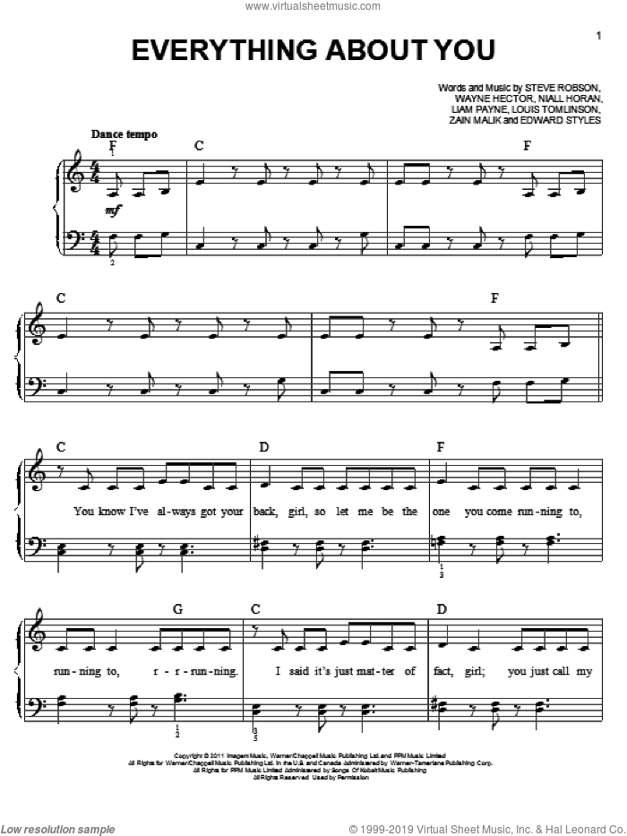 Everything About You sheet music for piano solo by One Direction, easy skill level