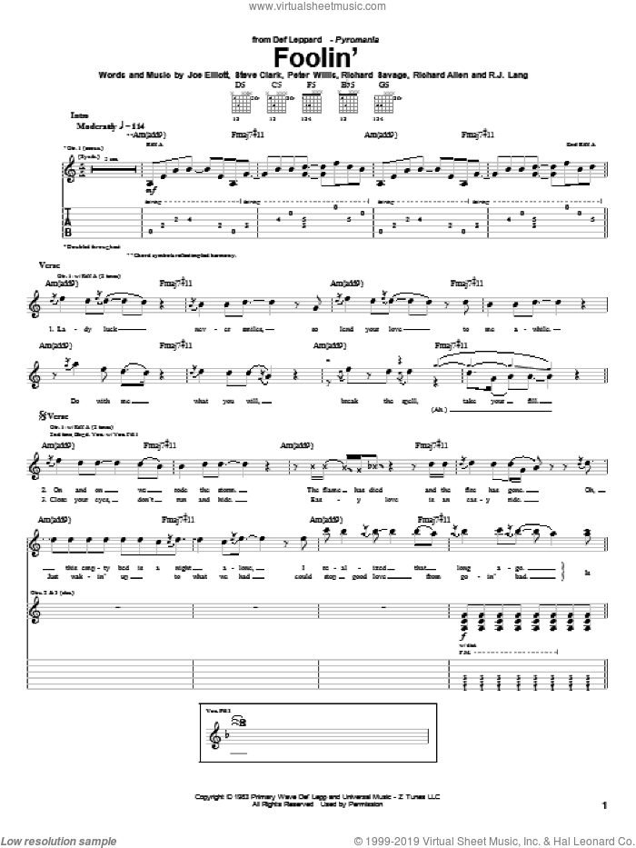 Foolin' sheet music for guitar (tablature) by Def Leppard, Joe Elliott, Peter Willis, Richard Allen, Richard Savage, Robert John Lange and Steve Clark, intermediate skill level