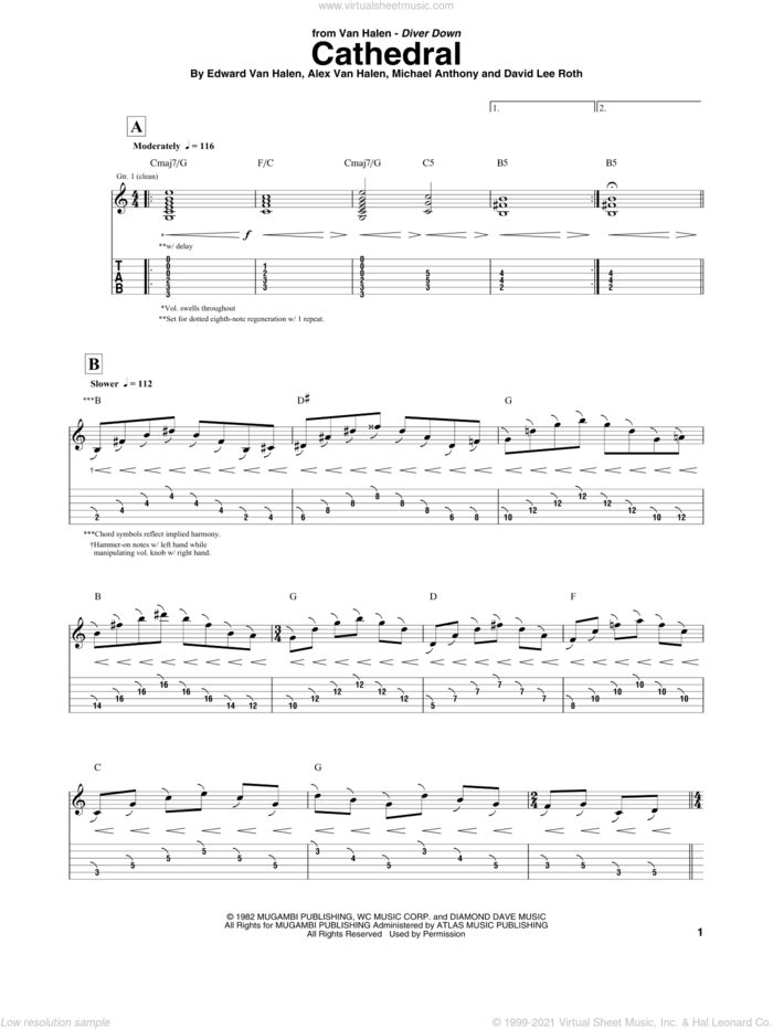 Cathedral sheet music for guitar (tablature) by Edward Van Halen, Alex Van Halen, David Lee Roth and Michael Anthony, intermediate skill level
