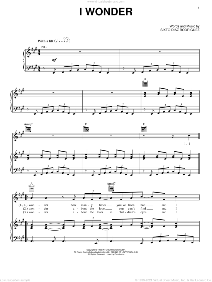 I Wonder sheet music for voice, piano or guitar by Rodriguez and Sixto Diaz Rodriguez, intermediate skill level