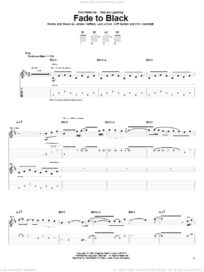 Fade To Black sheet music for guitar (tablature) by Metallica, Cliff Burton, James Hetfield, Kirk Hammett and Lars Ulrich, intermediate skill level