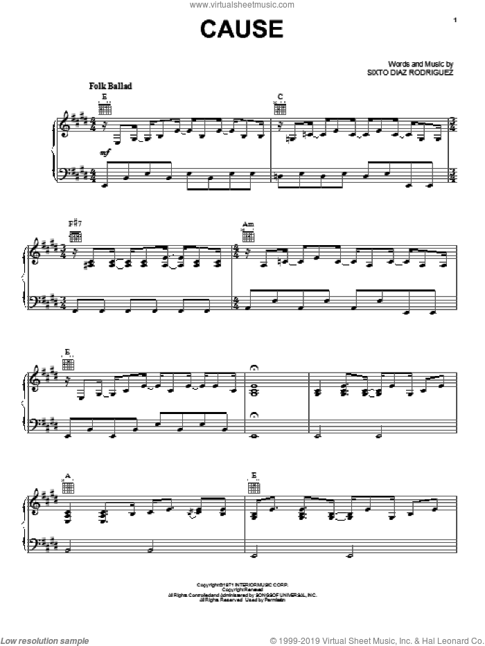 Cause sheet music for voice, piano or guitar by Rodriguez and Sixto Diaz Rodriguez, intermediate skill level