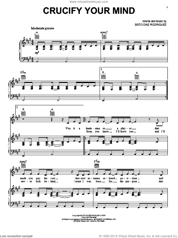Crucify Your Mind sheet music for voice, piano or guitar by Rodriguez and Sixto Diaz Rodriguez, intermediate skill level