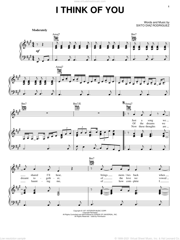 I Think Of You sheet music for voice, piano or guitar by Rodriguez and Sixto Diaz Rodriguez, intermediate skill level