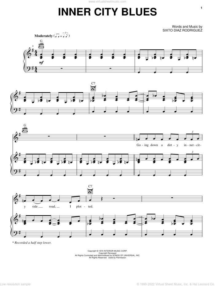 Inner City Blues sheet music for voice, piano or guitar by Rodriguez and Sixto Diaz Rodriguez, intermediate skill level