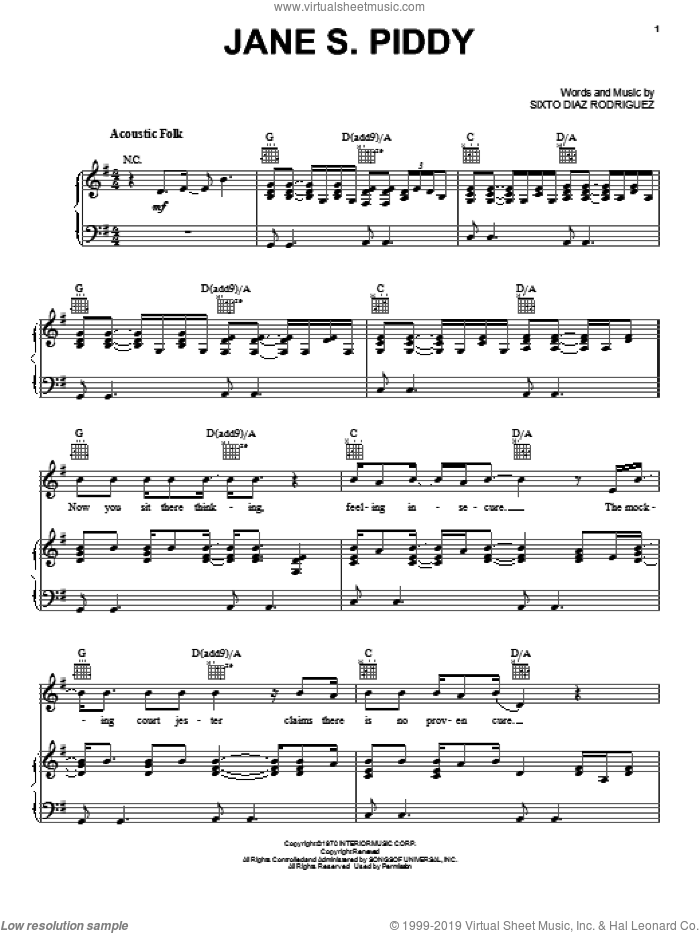 Jane S. Piddy sheet music for voice, piano or guitar by Rodriguez and Sixto Diaz Rodriguez, intermediate skill level