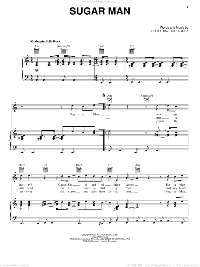 Sugar Man sheet music for voice, piano or guitar by Rodriguez and Sixto Diaz Rodriguez, intermediate skill level