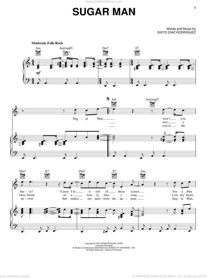 Sugar Man sheet music for voice, piano or guitar by Rodriguez and Sixto Diaz Rodriguez, intermediate skill level
