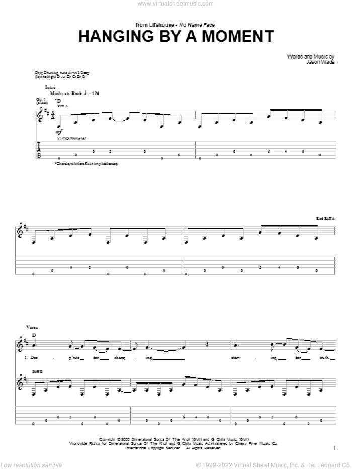 Hanging By A Moment sheet music for guitar (tablature) by Lifehouse and Jason Wade, intermediate skill level