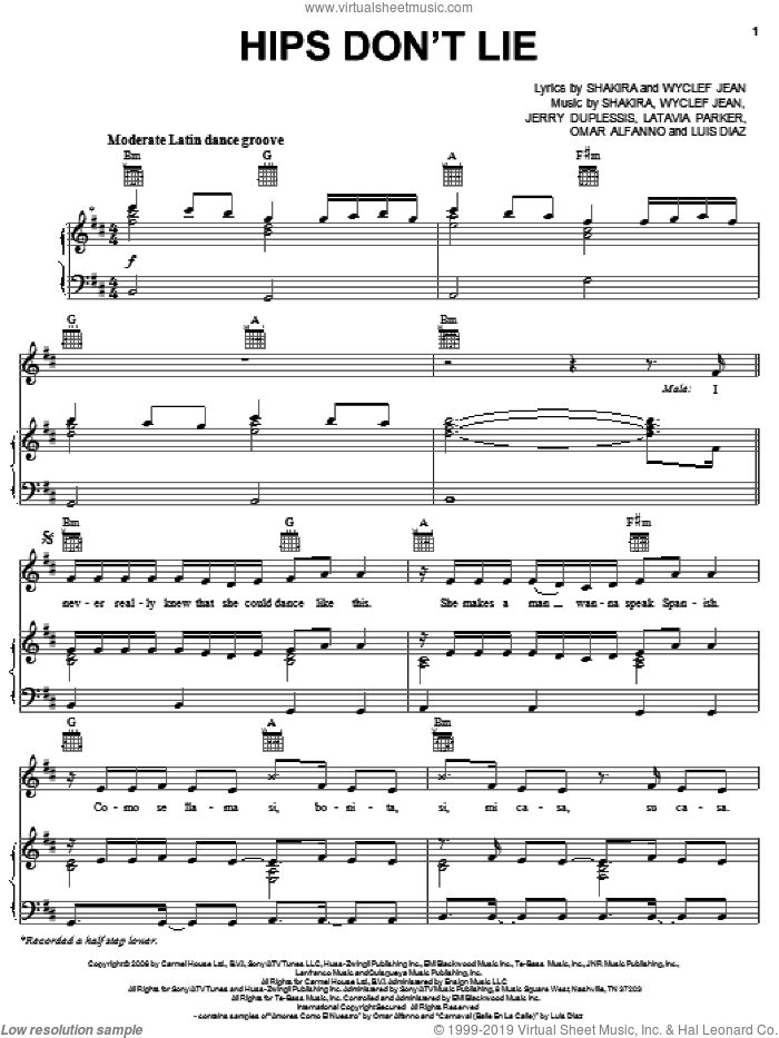 Hips Don't Lie sheet music for voice, piano or guitar by Shakira featuring Wyclef Jean, Jerry Duplessis, Latavia Parker, Luis Diaz, Omar Alfanno, Shakira and Wyclef Jean, intermediate skill level
