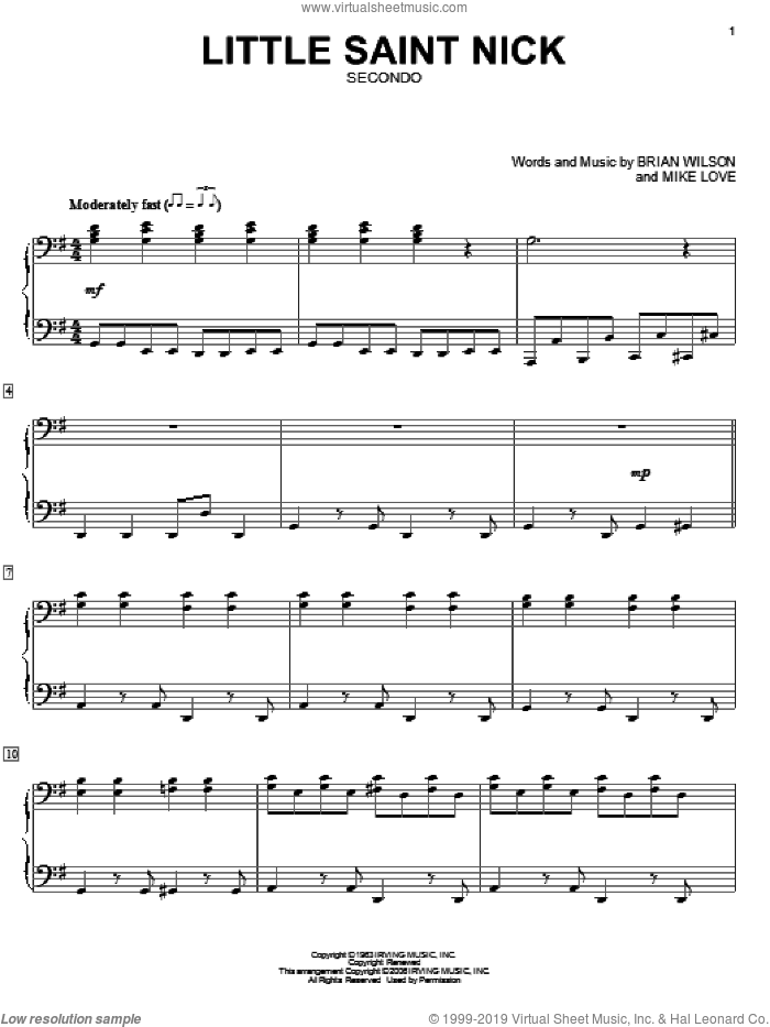 Little Saint Nick sheet music for piano four hands by The Beach Boys, Brian Wilson and Mike Love, intermediate skill level