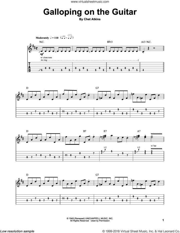 Galloping On The Guitar sheet music for guitar (tablature, play-along) by Chet Atkins, intermediate skill level
