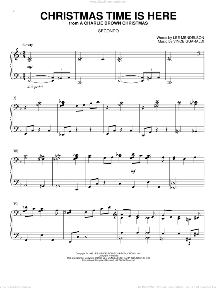 Christmas Time Is Here sheet music for piano four hands by Vince Guaraldi and Lee Mendelson, intermediate skill level