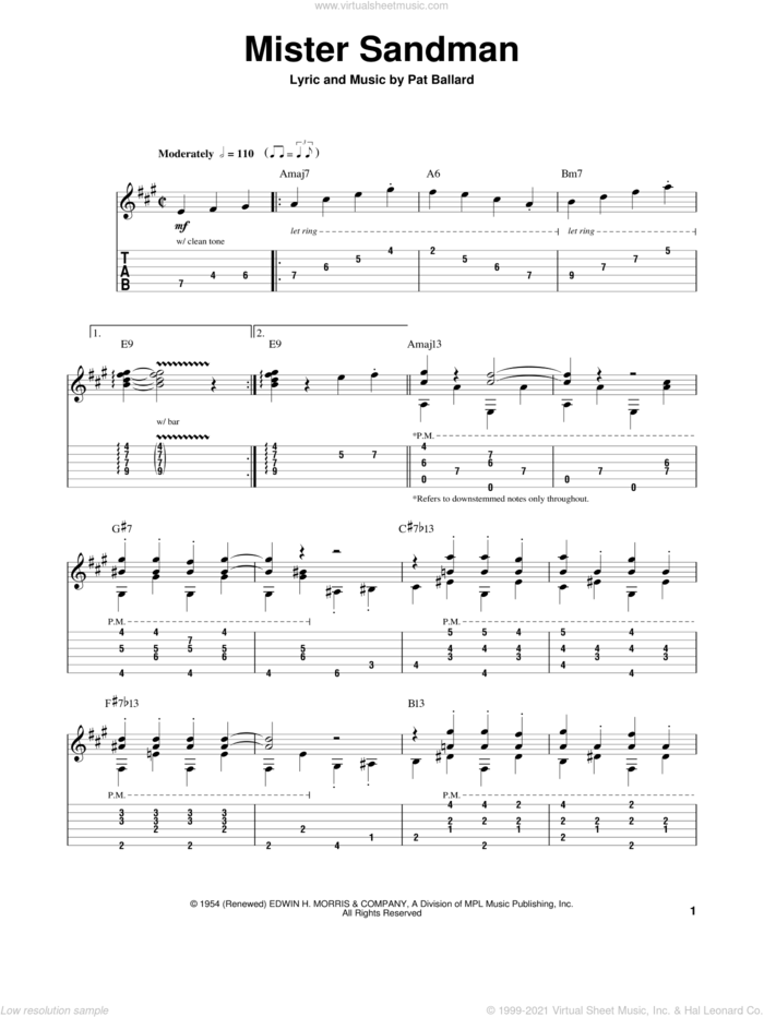 Mister Sandman sheet music for guitar (tablature, play-along) by Chet Atkins, intermediate skill level