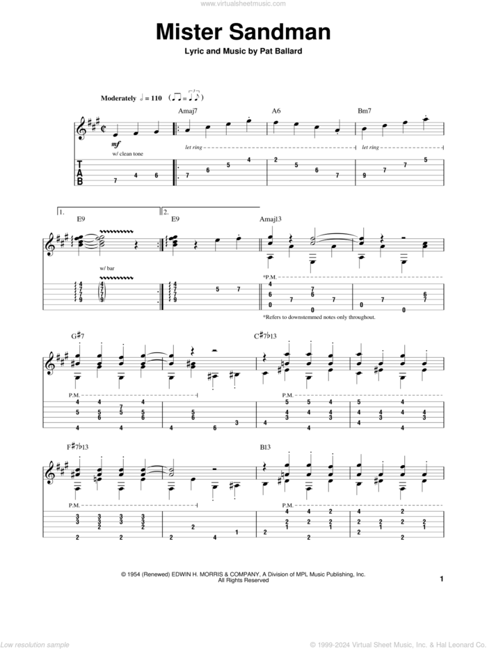 Mister Sandman sheet music for guitar (tablature, play-along) by Chet Atkins, intermediate skill level