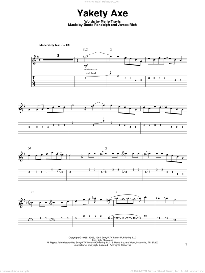 Yakety Axe sheet music for guitar (tablature, play-along) by Chet Atkins, intermediate skill level