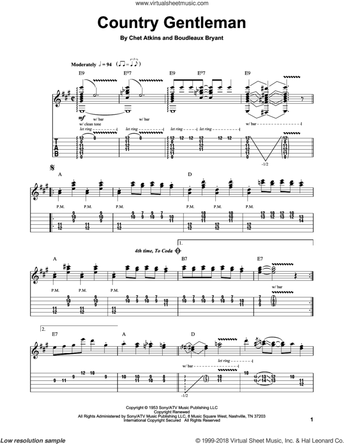 Country Gentleman sheet music for guitar (tablature, play-along) by Chet Atkins, intermediate skill level